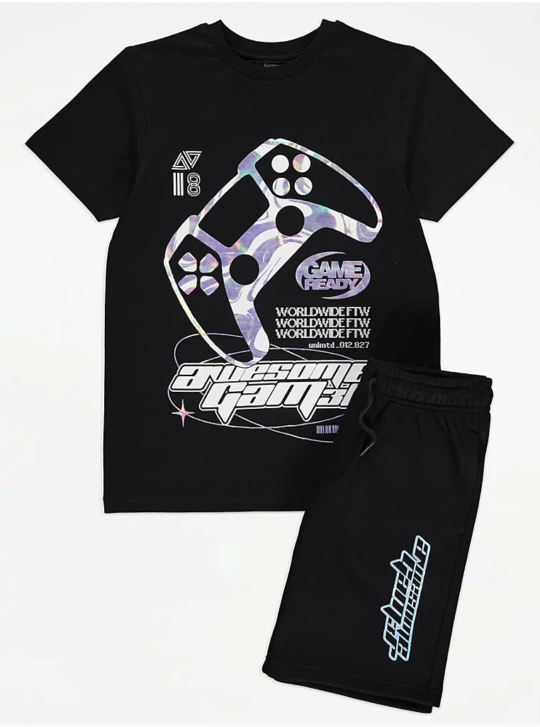 Black Foil Awesome Gamer T-Shirt and Shorts Outfit