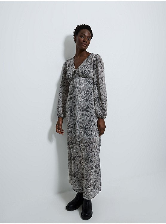 Grey Snake Tie Neck Long Sleeve Chiffon Maxi Dress