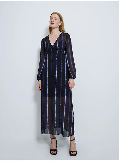 Black V Neck Long Sleeve Tie Dye Chiffon Maxi Dress