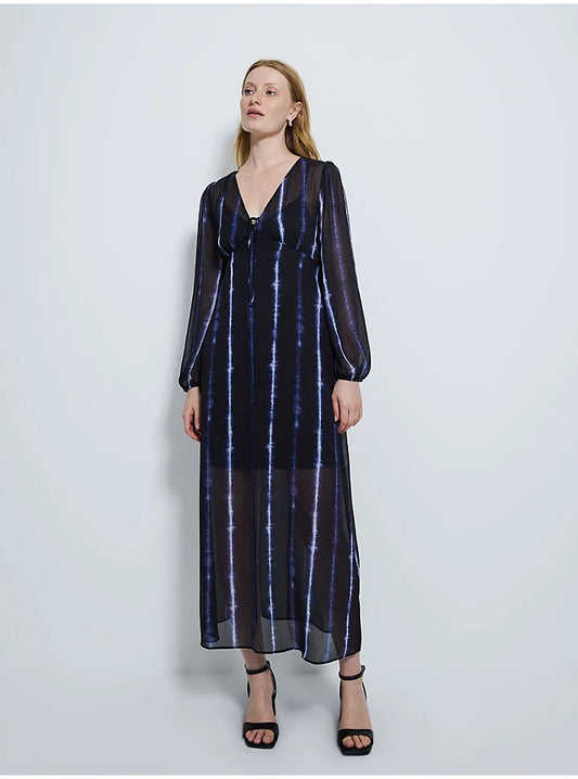 Black V Neck Long Sleeve Tie Dye Chiffon Maxi Dress