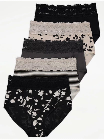 Floral Lace Top Full Brief Knickers 5 Pack