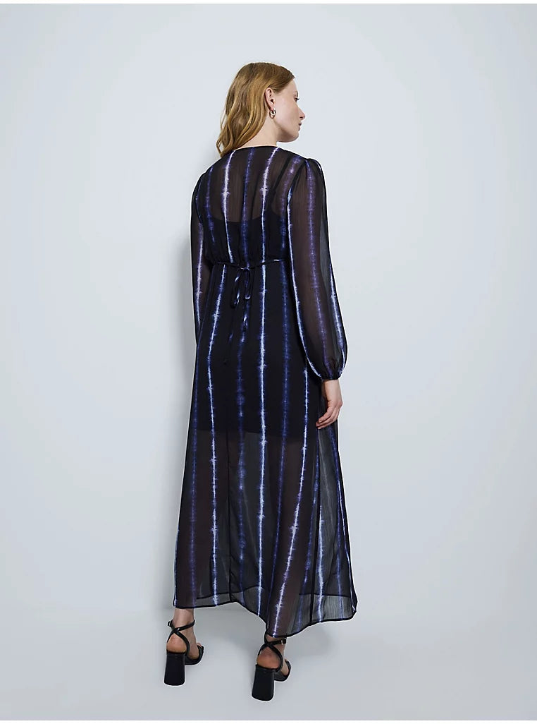 Black V Neck Long Sleeve Tie Dye Chiffon Maxi Dress